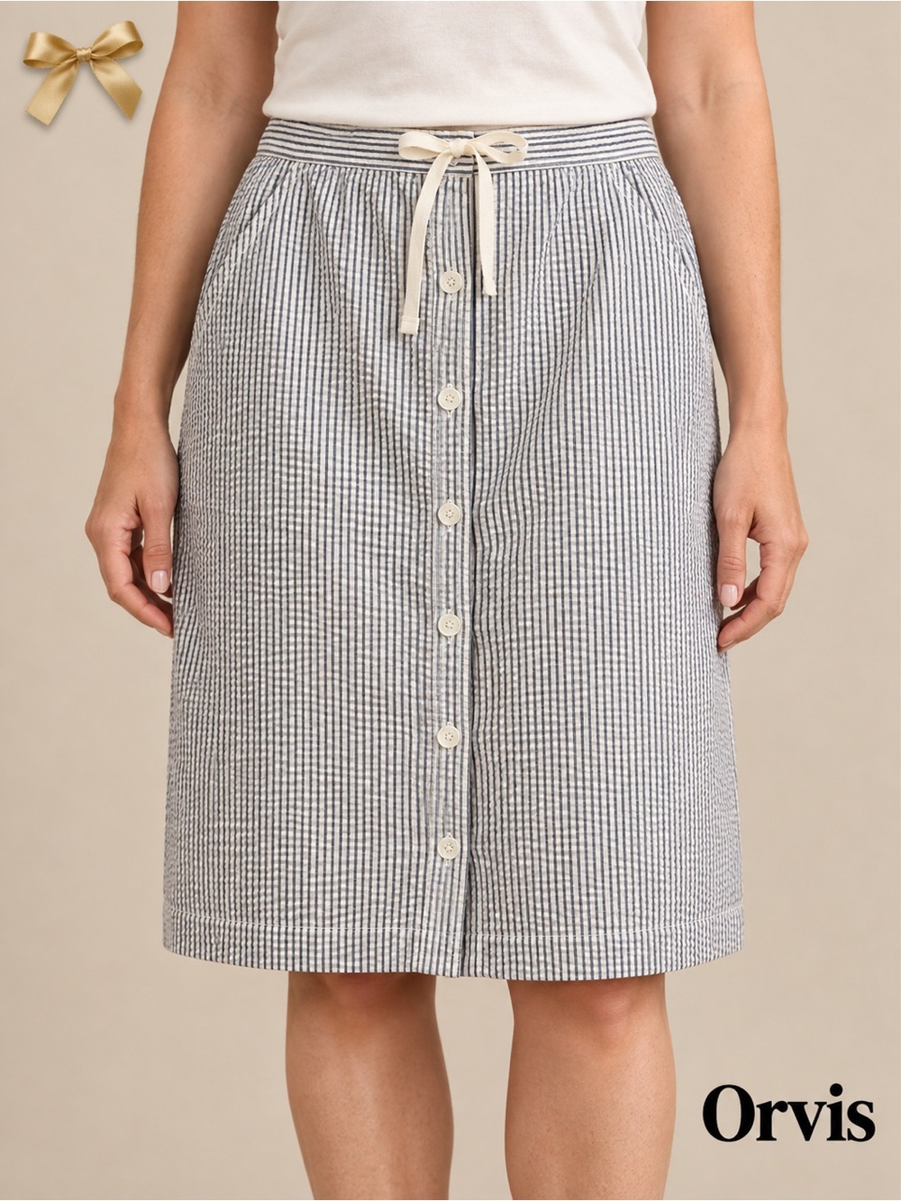 Orvis Seersucker Striped Grey White Cotton Button-Front Skirt Size 10